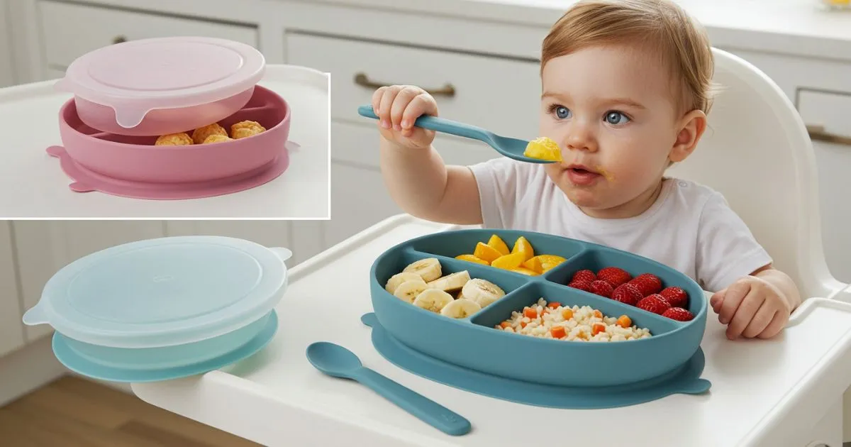 Silicone suction plate for babies and toddlers with divided sections for baby-led weaning