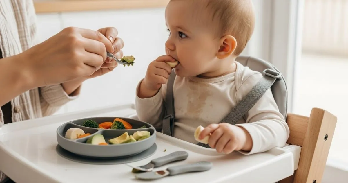 Best Baby-Led Weaning Tools and Easy Recipes for 2026 (Parent-Approved Picks) Baby practicing baby-led weaning, sitting in a high chair and self-feeding soft finger foods using a silicone suction plate in a bright home kitchen.