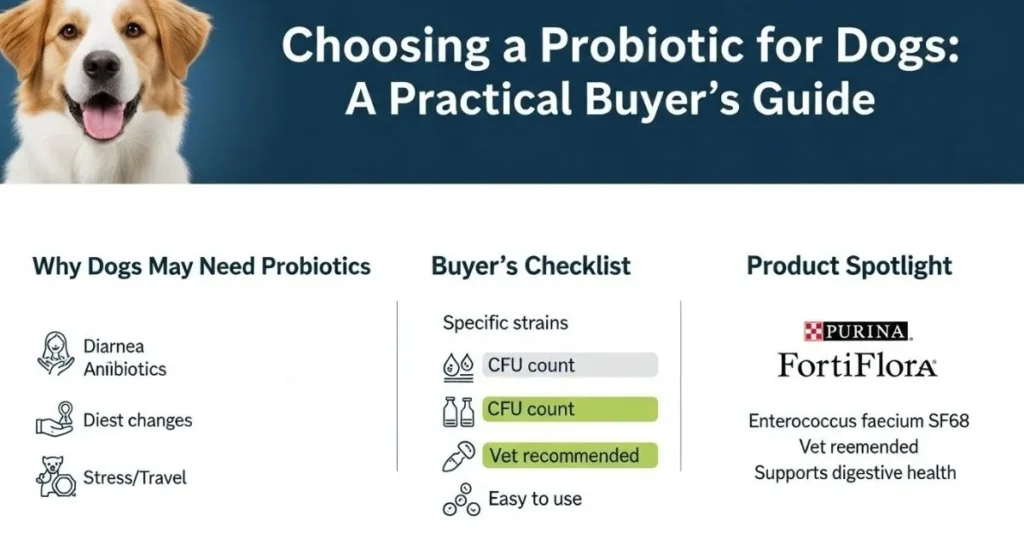 Home choosing a probiotic for dogs Dog probiotic buyer’s guide infographic featuring vet-recommended FortiFlora and digestive health tips.