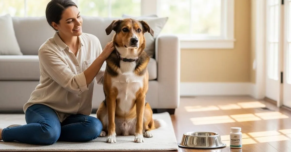 Dog Probiotics Explained: What to Look for Before Buying Healthy dog sitting next to a food bowl with an unbranded dog probiotics supplement container in a bright home setting