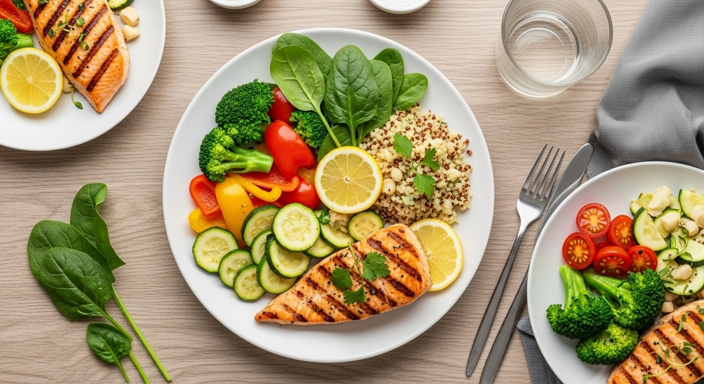 Low Calorie High Protein Meals: 10 Healthy Recipes You'll Love Low calorie high protein meal with grilled chicken, vegetables, and quinoa on a clean plate