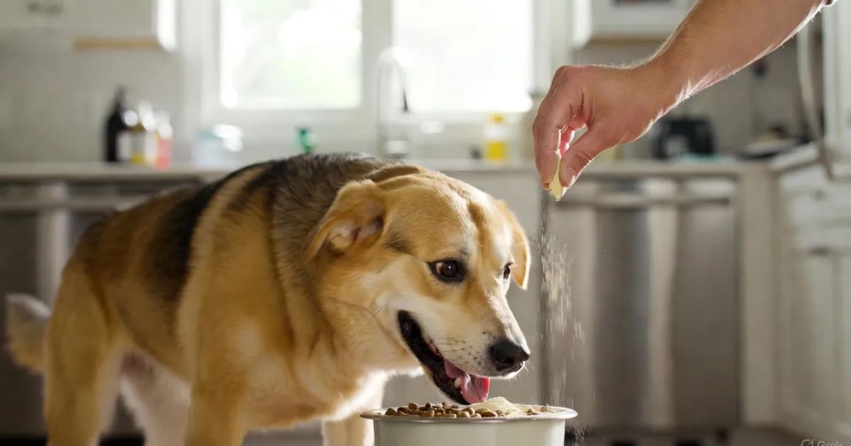 Dog eating food with probiotic supplement to support digestive health