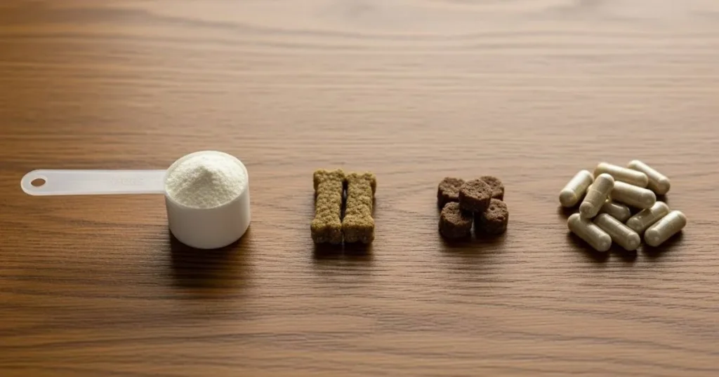 Dog Probiotics Explained: What to Look for Before Buying Different dog probiotic supplement formats including powder, chewable treats, and capsules on a table